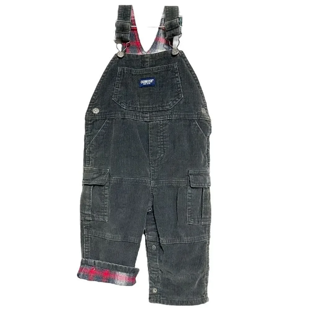 Oshkosh Vestbak Corduroy Overalls Plaid Flannel Lined Bibs Baby 6-9 Months Snaps